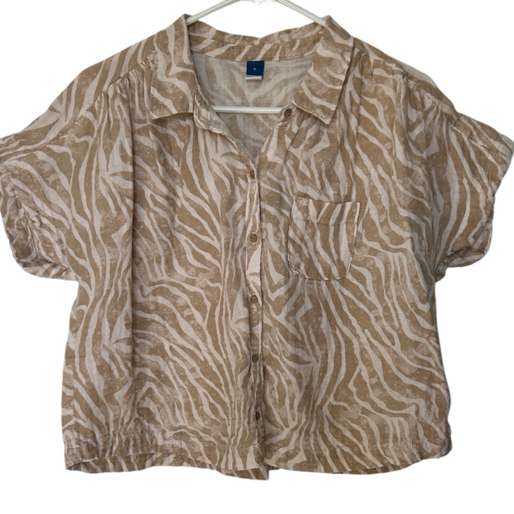 Old Navy Tan And Cream Zebra Print Button-Down Shirt 100% Cotton Small